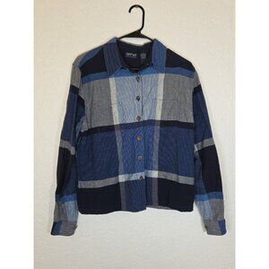 Krazy Kat Womens Button Down Plaid Blue Gray Cropped Long Sleeve Medium Cotton